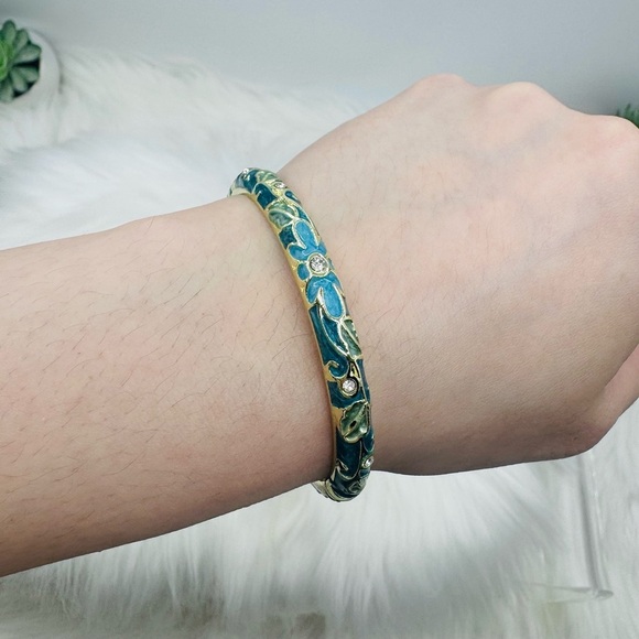 Floral Teal Theme Enamel Hollow Out Cloisonne  Bangle - Picture 2 of 7